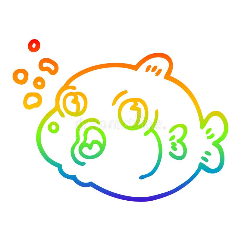 A creative rainbow gradient line drawing cartoon fish blowing bubbles