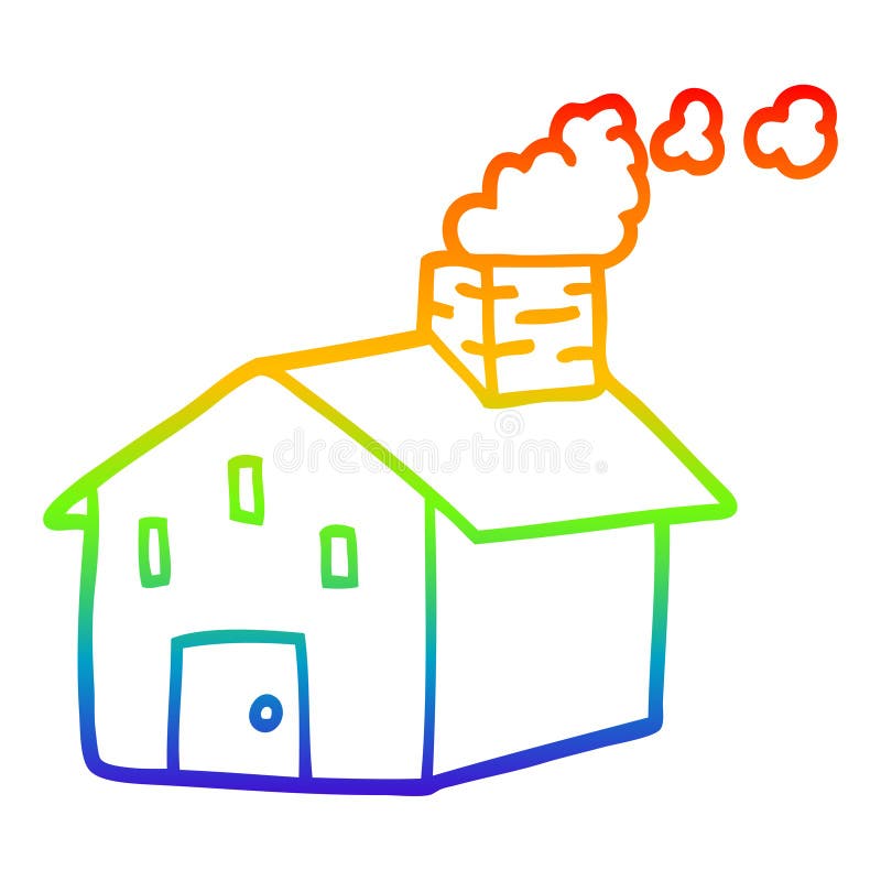 A creative rainbow gradient line drawing cartoon house with smoking chimney