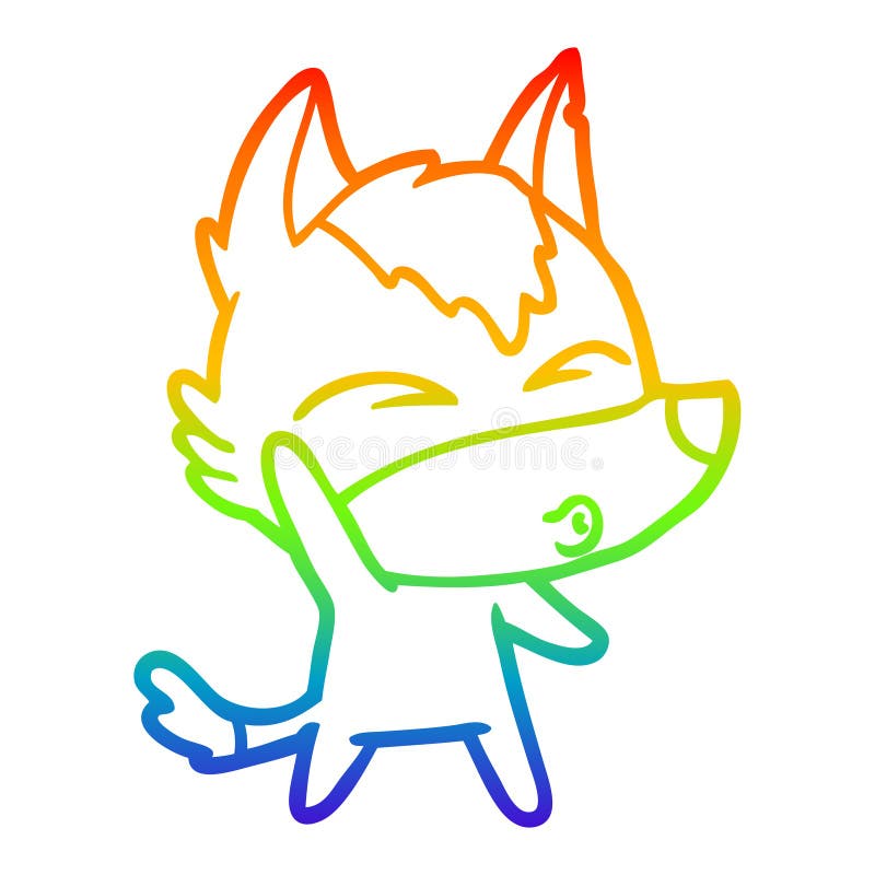 A creative rainbow gradient line drawing cartoon waving wolf whistling