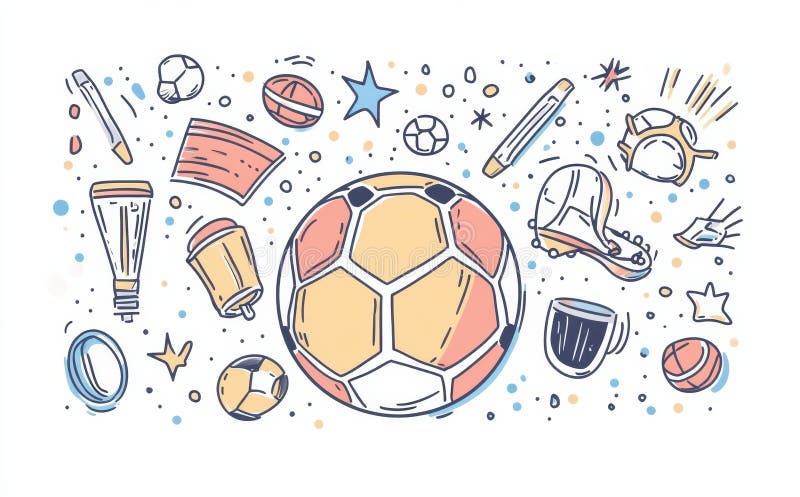 A creative rendering of a soccer ball amidst numerous soccer elements, showcasing the sport s vibrant and AI generated