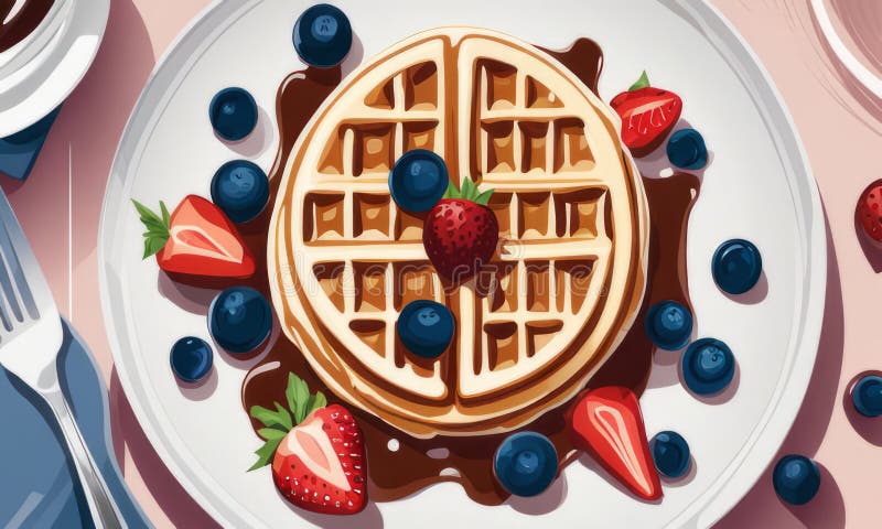 Creative rendering of waffles presented on a decorative plate. Colorful berries and syrup add vibrancy, making this royalty free stock image