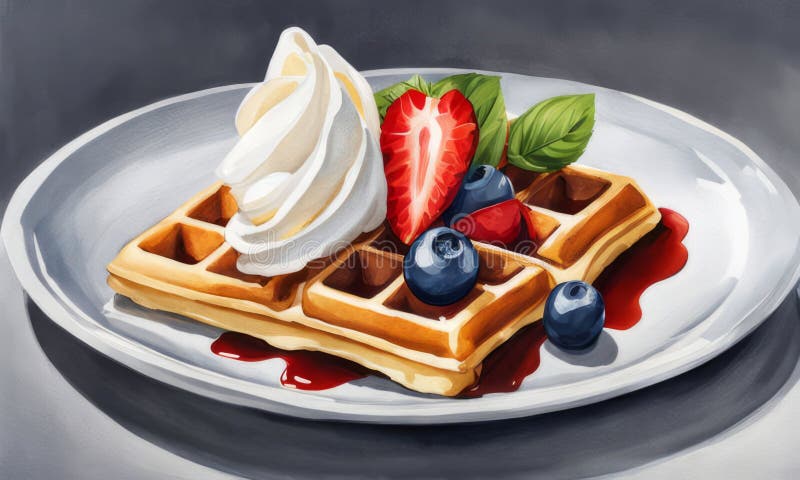 Creative rendering of waffles presented on a decorative plate. Colorful berries and syrup add vibrancy, making this stock photos