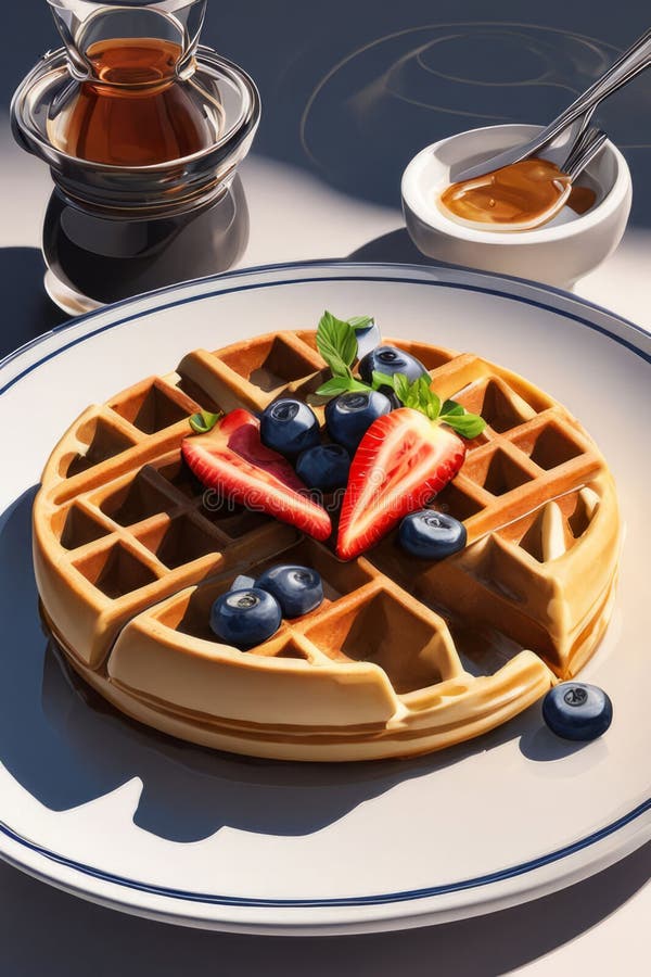 Creative rendering of waffles presented on a decorative plate. Colorful berries and syrup add vibrancy, making this stock image