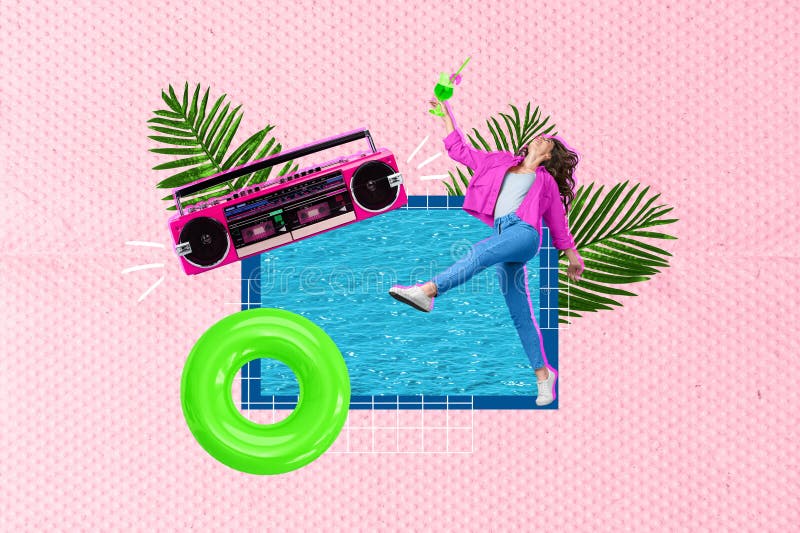 Creative retro 3d magazine collage image of carefree funky lady enjoying pool party isolated colorful background royalty free stock image