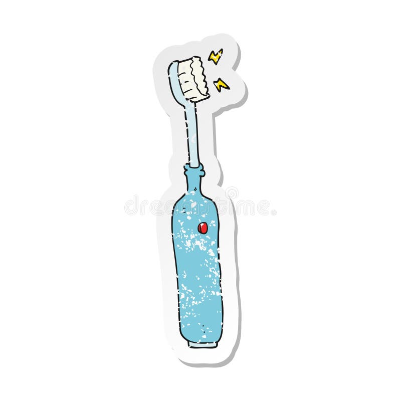 A creative retro distressed sticker of a cartoon electric tooth brush