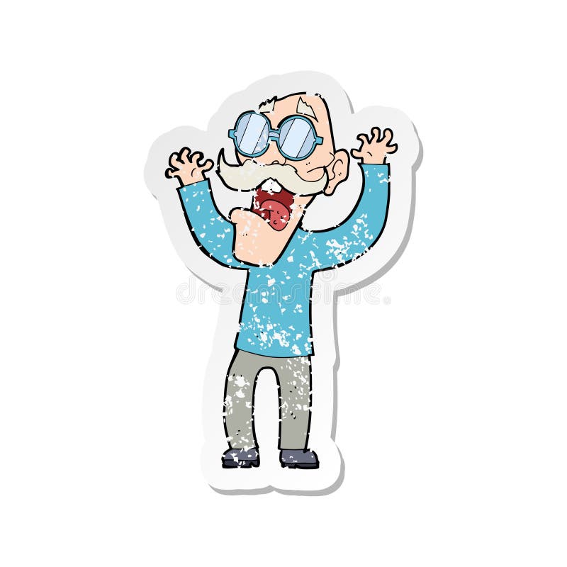 A creative retro distressed sticker of a cartoon old man in glasses