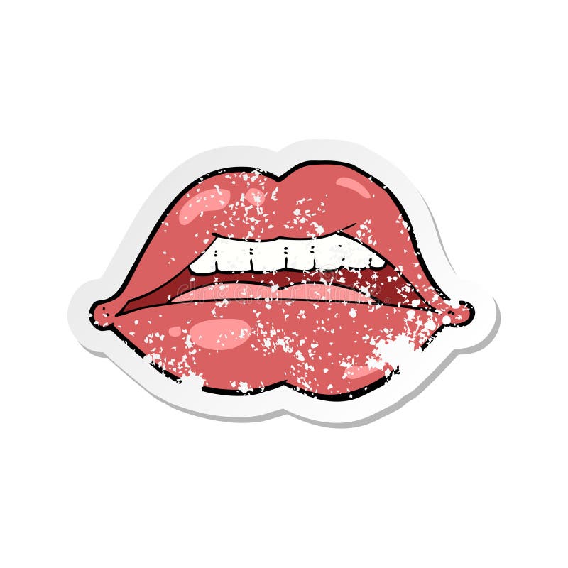 Retro distressed sticker of a cartoon sexy lips symbol. 