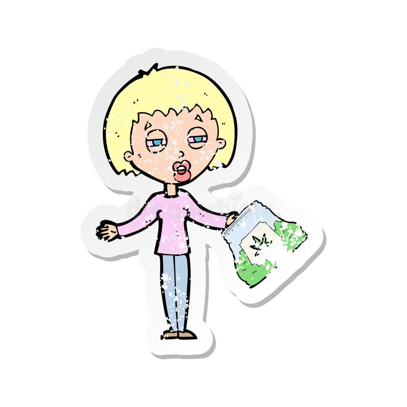 A Creative Retro Distressed Sticker of a Cartoon Woman with Bag of Weed Stock Vector - Illustration of grunge, 1980s: 151145847 A Creative Retro Distressed Sticker of a Cartoon Woman with Bag of Weed Stock Vector - Illustration of grunge, 1980s: 151145847