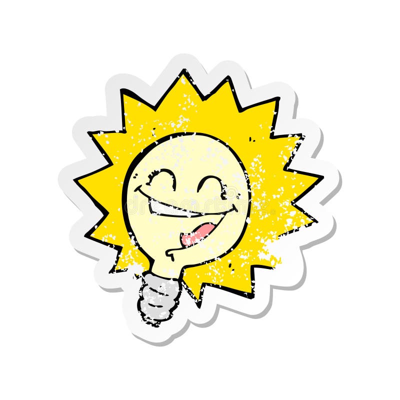 A creative retro distressed sticker of a happy light bulb cartoon