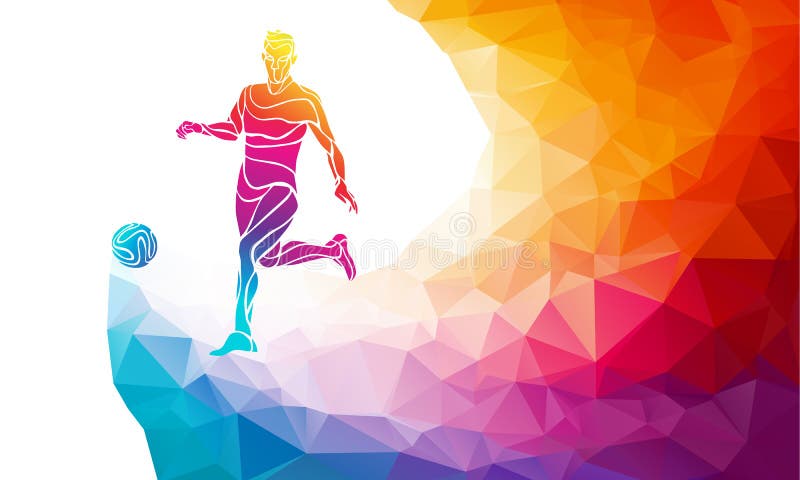 Creative silhouette of soccer player. Football player kicks the ball in trendy abstract colorful polygon style with rainbow back stock illustration Creative silhouette of soccer player. Football player kicks the ball in trendy abstract colorful polygon style with rainbow back stock illustration