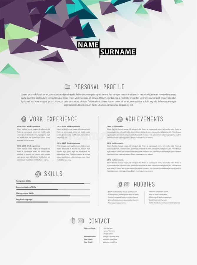 Creative simple cv template with triangle shapes in header. vector illustration Creative simple cv template with triangle shapes in header. vector illustration