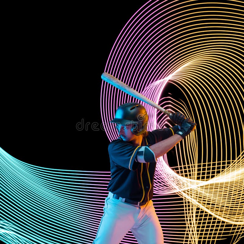 Creative sport and neon waves on dark neon lighted line background