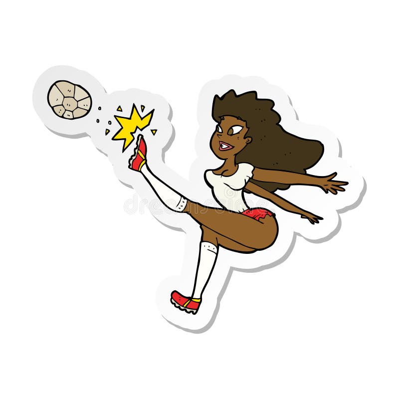 A creative sticker of a cartoon female soccer player kicking ball