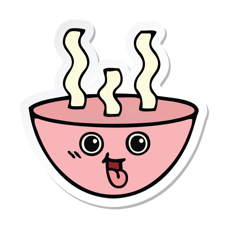 A creative sticker of a cute cartoon bowl of hot soup