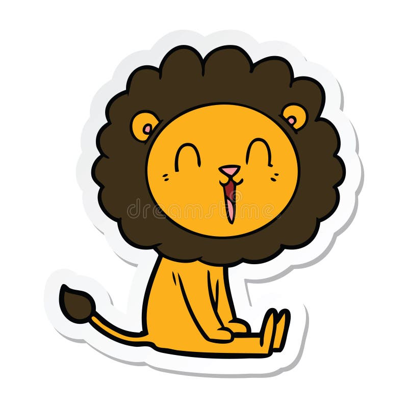 A creative sticker of a laughing lion cartoon sitting