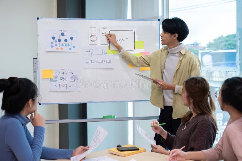 Creative team brainstorming meeting plans for group problem solving ideas, creative teamwork to develop mobile apps, ux royalty free stock photo
