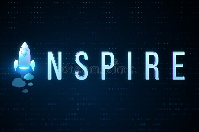 Creative text with space ship replacing letter on dark wallpaper with bokeh circles. vector illustration