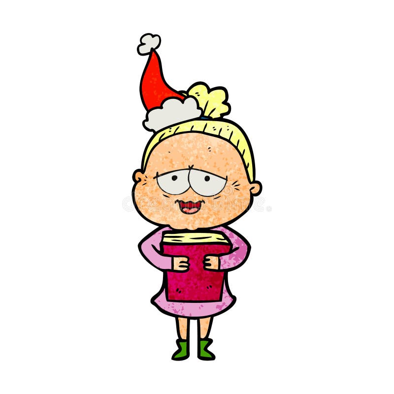A creative textured cartoon of a happy old lady wearing santa hat