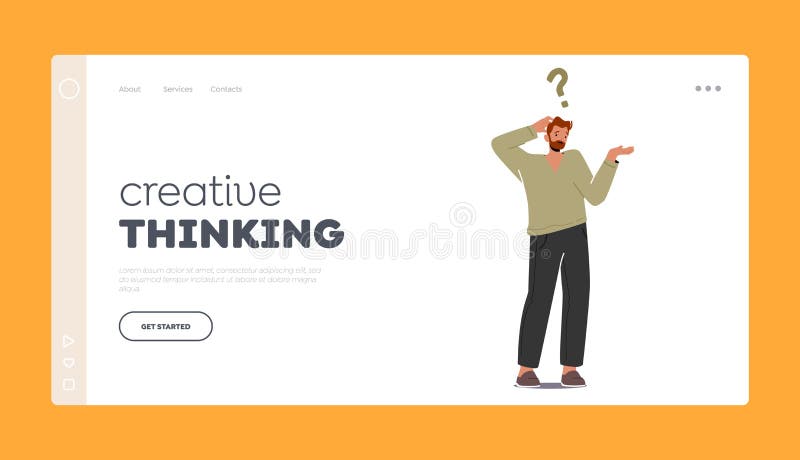 Creative Thinking Landing Page Template. Confused Man Scratch Occiput with Big Question Mark over Head, Search Answers royalty free illustration