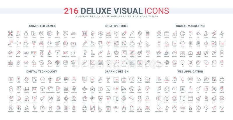Creative tool and graphic design, idea generation for web application, game line icon set stock illustration