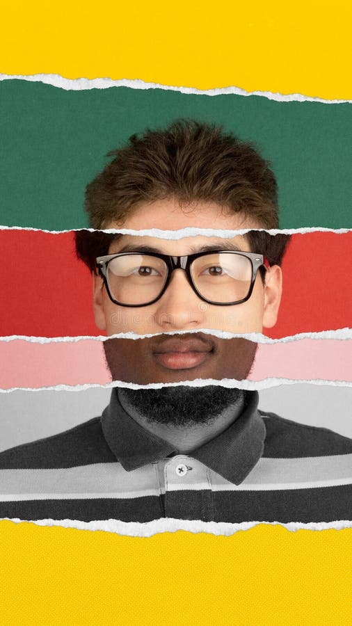 Creative torn paper collage made of different male model face parts, creating portrait of young man in glasses. Unity royalty free stock photo