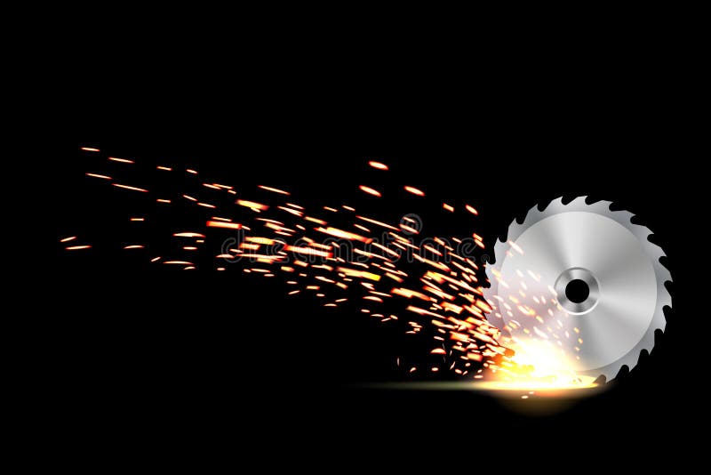 Creative vector illustration of circular saw blade for wood, metal work with welding metal fire sparks isolated on