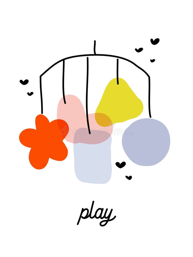 Creative vector illustration of newborn baby mobile or bed bell toy with hanging pastel decor. Playful cute greeting card vector illustration
