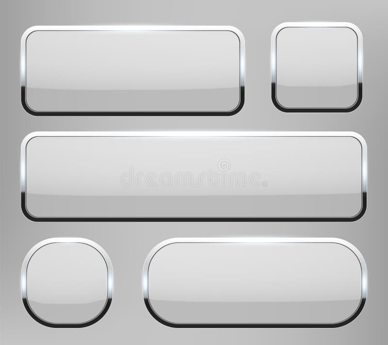 Creative vector illustration of white 3d glass buttons with chrome frame with shadow falling isolated on transparent background. A