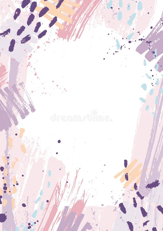 Creative vertical backdrop decorated with pink and purple pastel paint traces, blots and brush strokes on white