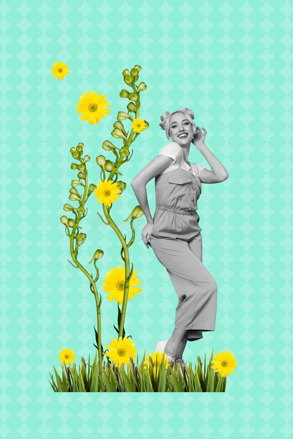 Creative vertical collage poster young smiling charming girl yellow daisy flowers blossom environment bloom nature spring day.