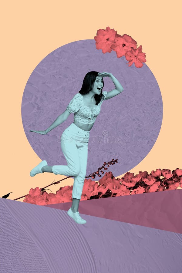 Creative vertikal trend collage of good dreamy Girl promenom Spring-säsongen blommor buh-parken promenader utanför royaltyfri fotografi