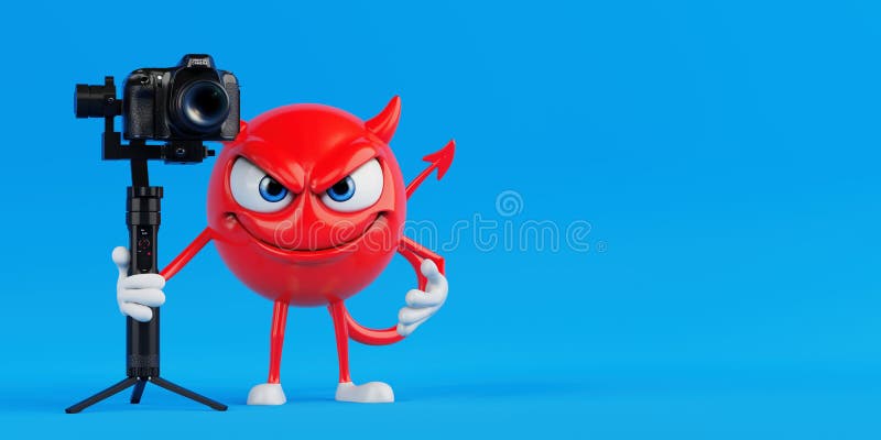 Creative Video Production Concept. Red Devil Cartoon Character Holding Professional Camera On Tripod Gimbal. 3d Rendering vector illustration