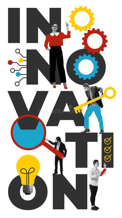 Creative visualization of innovation in business with gears, light bulbs, professionals, and conceptual typography stock photography