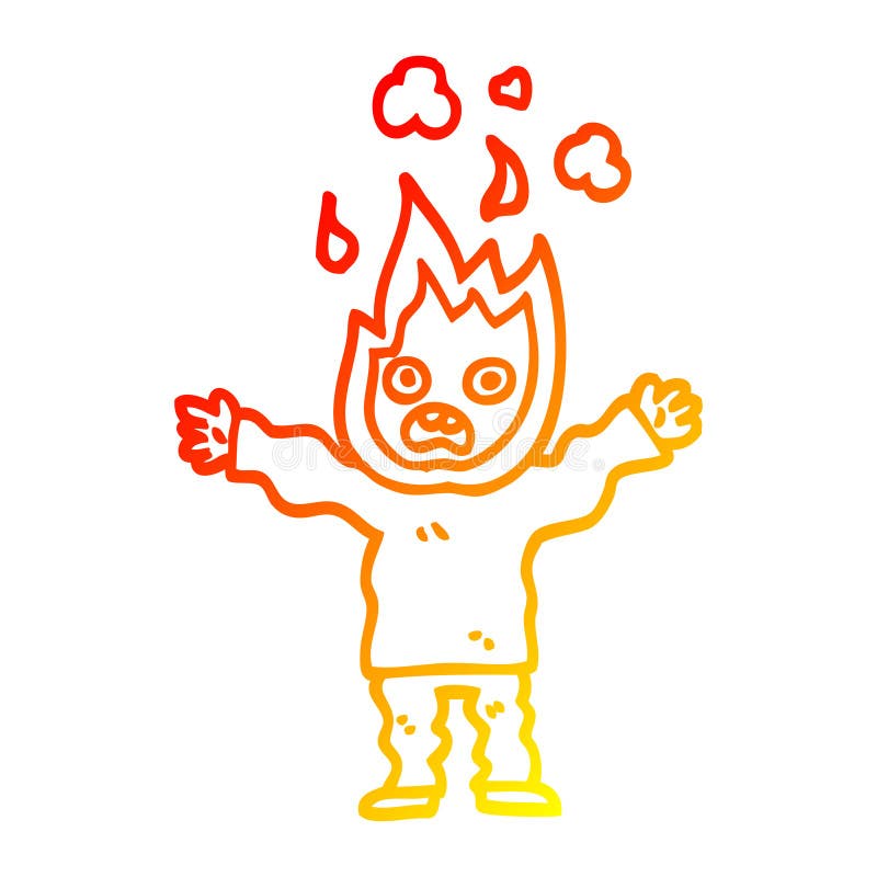 A creative warm gradient line drawing cartoon man with head on fire