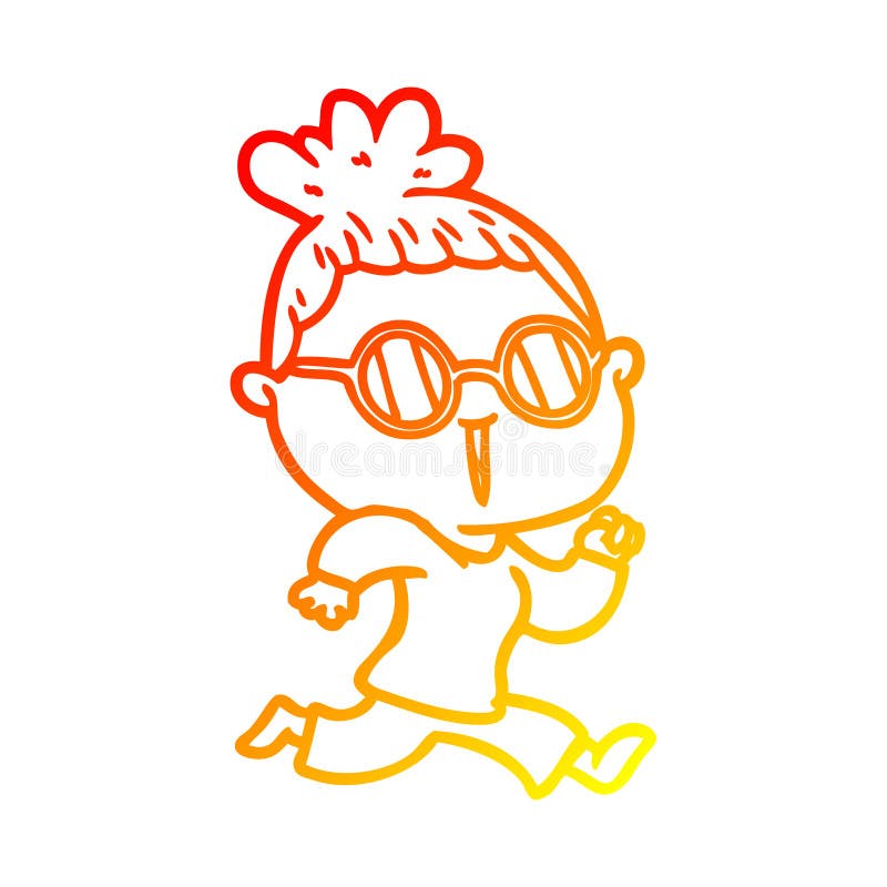 A creative warm gradient line drawing cartoon running woman wearing spectacles