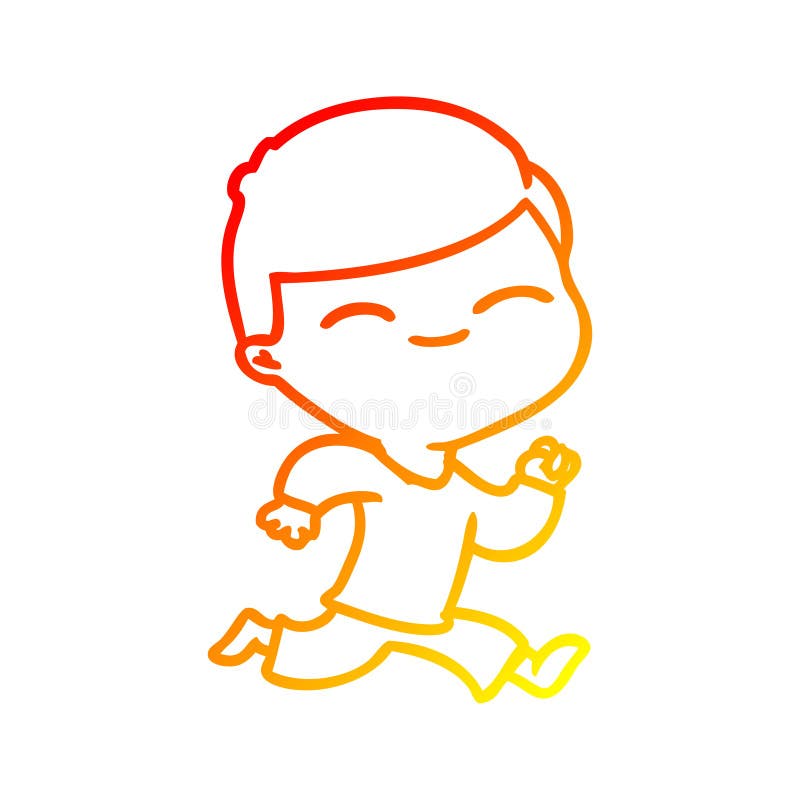 A creative warm gradient line drawing cartoon smiling boy running