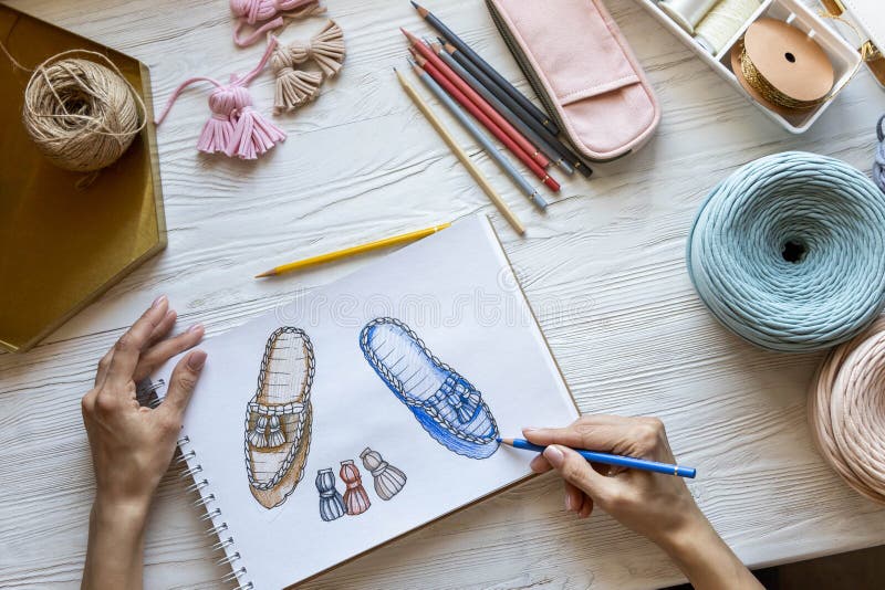 Creative Woman Clothes and Shoes Designer Drawing Colored Sketch of