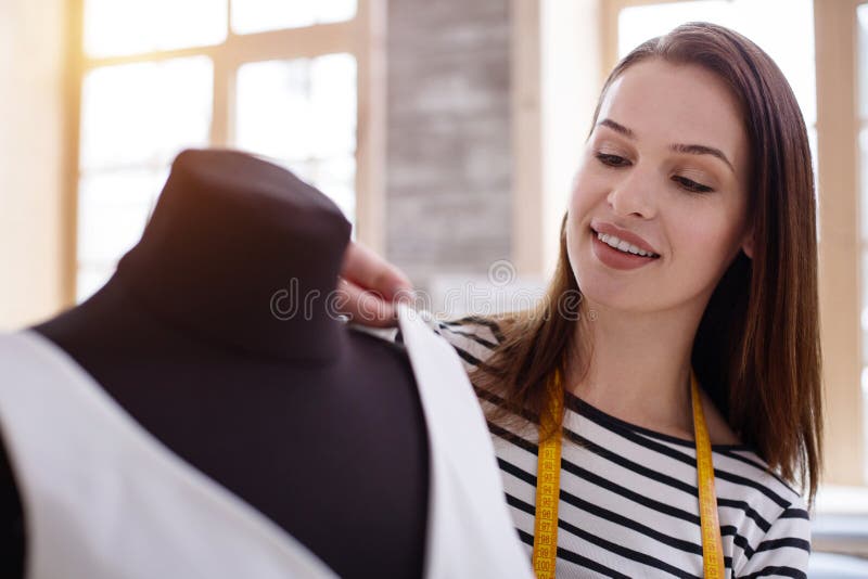 Positive Female Dressmaker Fitting Dress Stock Photo Image of fabric