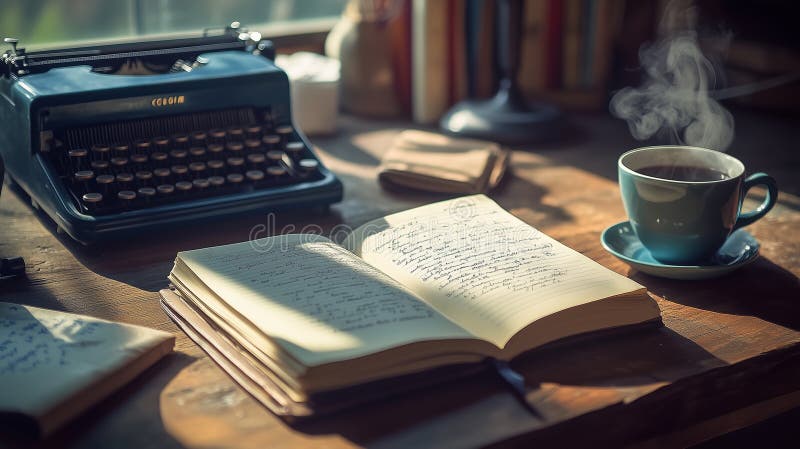 Creative workspace features typewriter and steaming coffee in a cozy environment royalty free stock photography