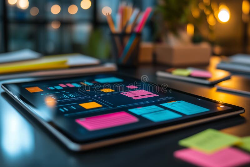 Creative workspace featuring glowing tablet with colorful post-it notes and stationery in a relaxed evening atmosphere stock photo