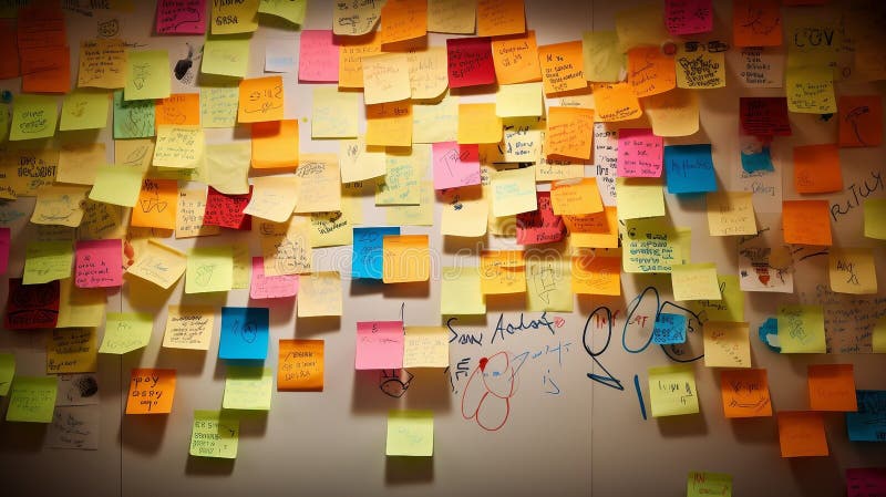 Creative Workspace with Multicolored Sticky Notes and Handwritten Scribbles. Generative AI. AI generated
