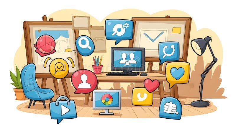 Creative Workstation mit Easels Desk und Icons für Designer und Entwickler stock abbildung