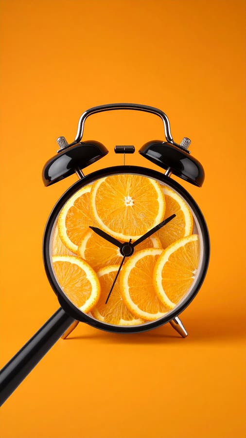 Sliced orange alarm clock instead of searching on an orange background. vector illustration