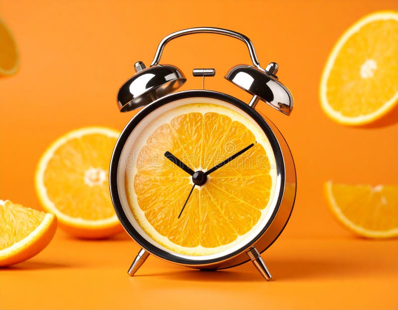 Sliced orange alarm clock instead of searching on an orange background. stock illustration