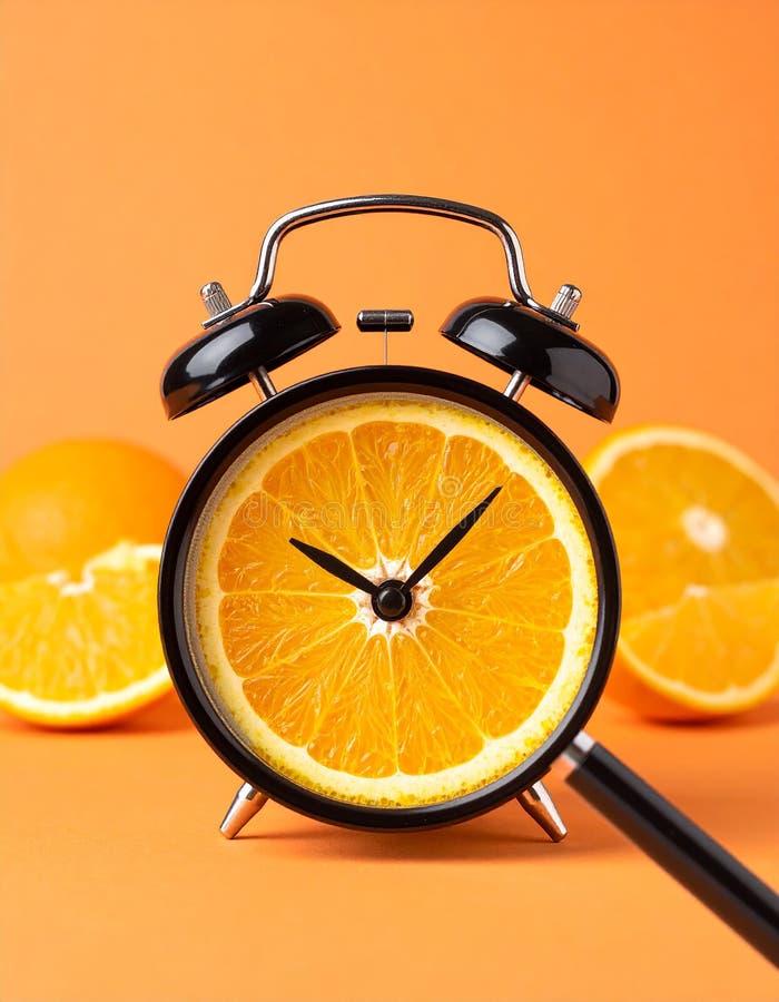 Sliced orange alarm clock instead of searching on an orange background. royalty free illustration