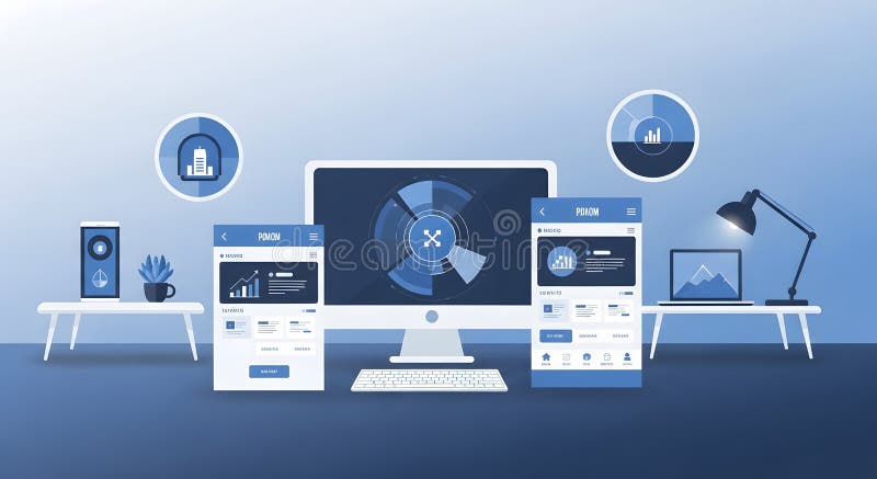 Modern workspace with desktop computer, laptop and mobile devices on a blue background royalty free stock photography