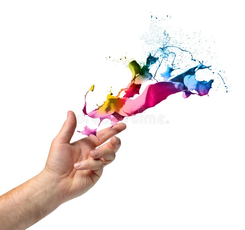 Creativity concept, hand throwing color paint splash isolated on white. Creativity concept, hand throwing color paint splash isolated on white