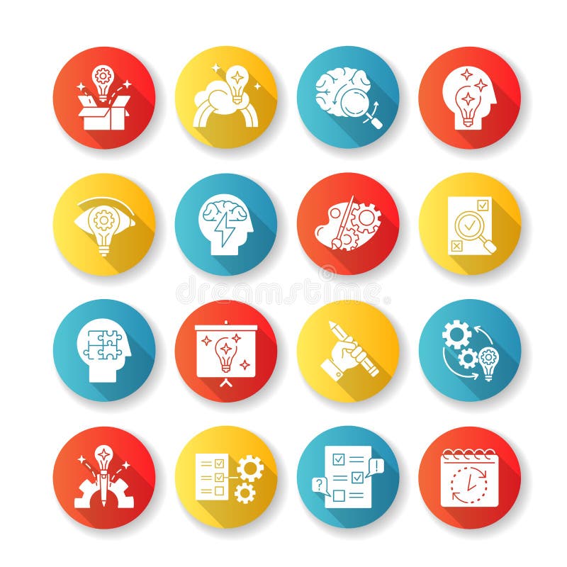 Creativity flat design long shadow glyph icons set vector illustration