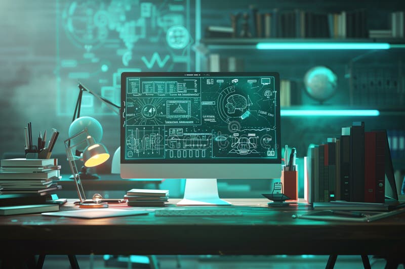 Creativity modern work space with computer showing formula math analysis. Technology and software development concept stock illustration