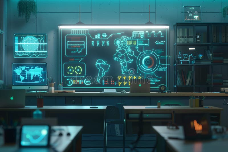 Creativity modern work space with computer showing formula math analysis. Technology and software development concept. royalty free illustration
